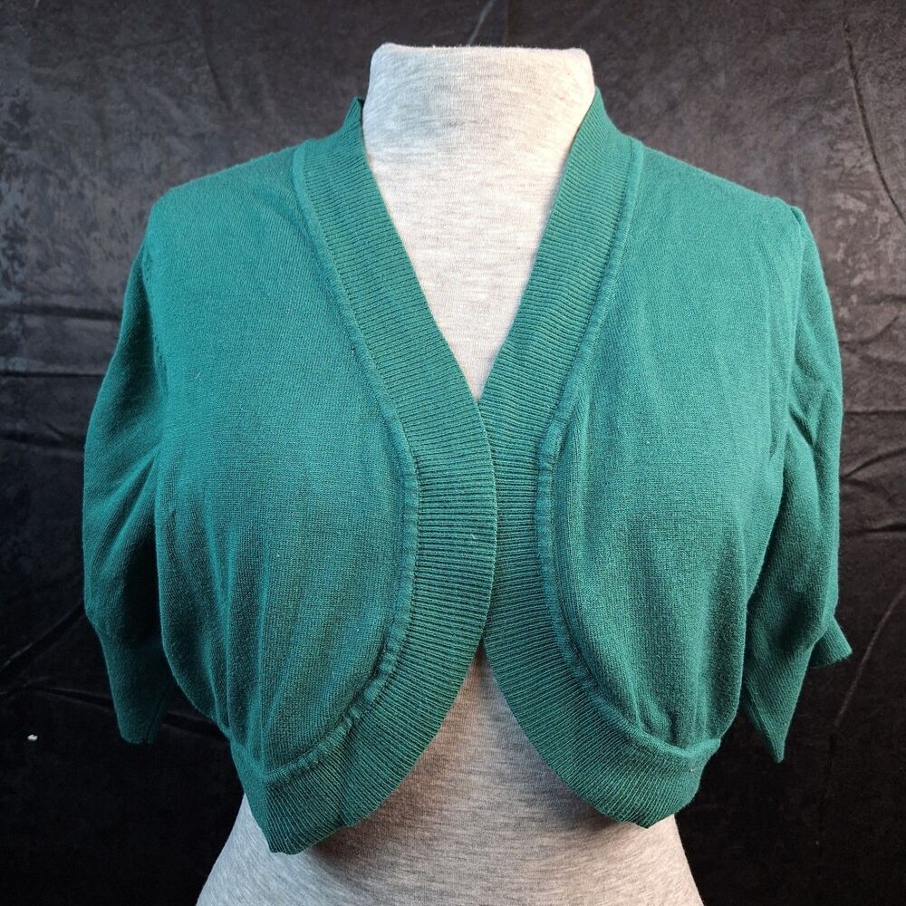 Torrid Teal Bolero Sweater Lace Back Fancy Mesh Shrug Size 1 Ruched Puff Sleeves